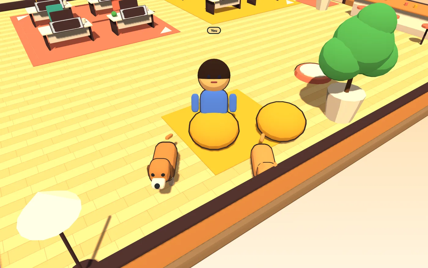 Your character lounging on a beanbag with Mochi the cat and Biscuit the dog