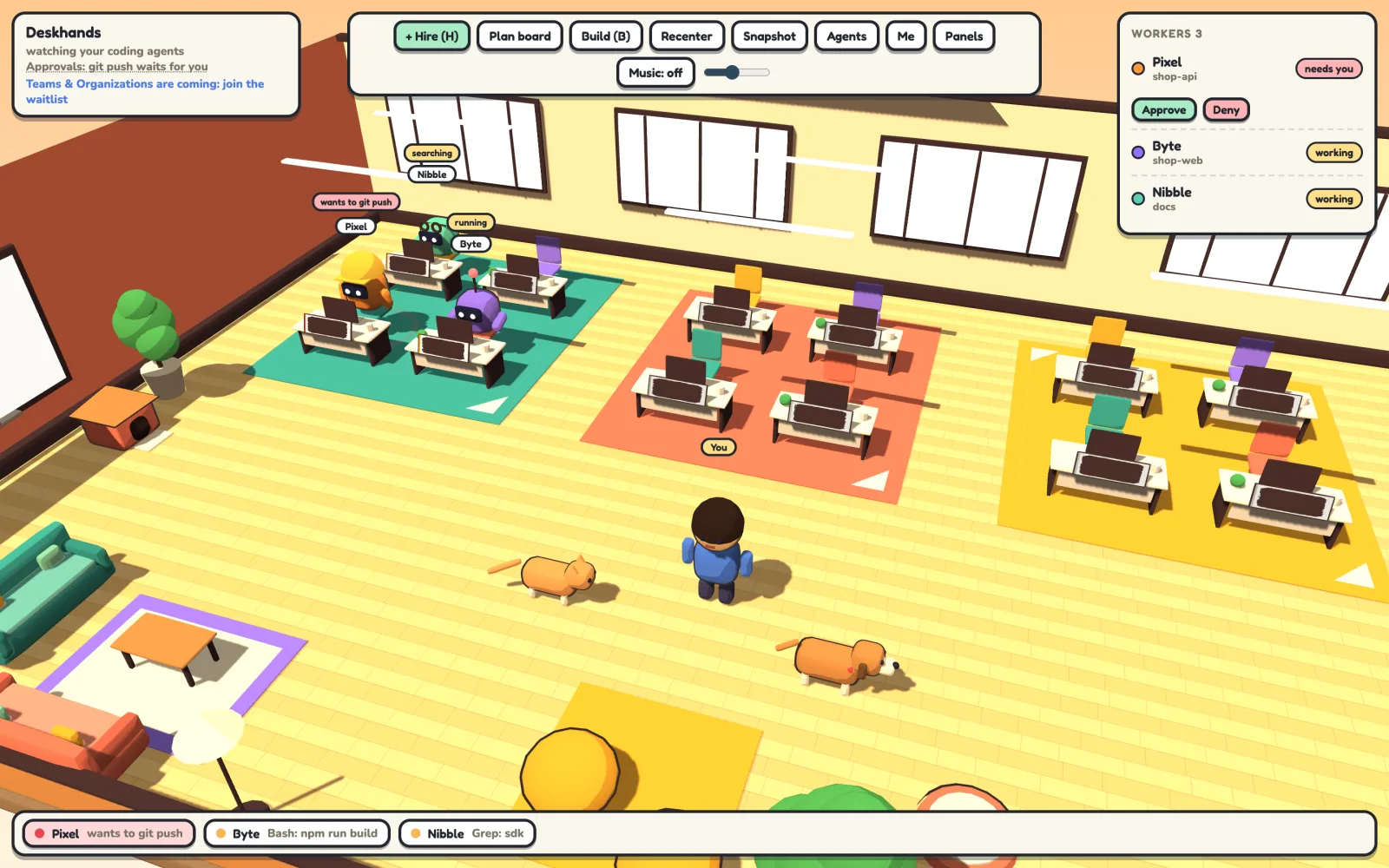 The Deskhands office: three agents at their desks, one waiting for approval to git push